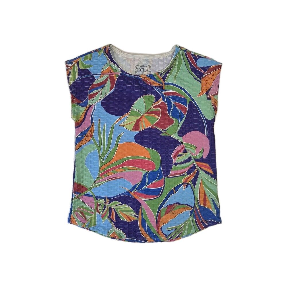 ECLA Blouse Colorful Floral Women's Small Cap Sleeve Hawaiian Palm Tree Tropical